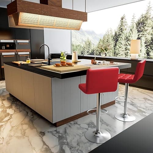 Homall Bar Stools Modern PU Leather Adjustable Swivel Barstools, Armless Hydraulic Kitchen Counter Bar Stool Extra Height Square Island Barstool with Back Set of 2 (Leather, Red) thumbnail 2