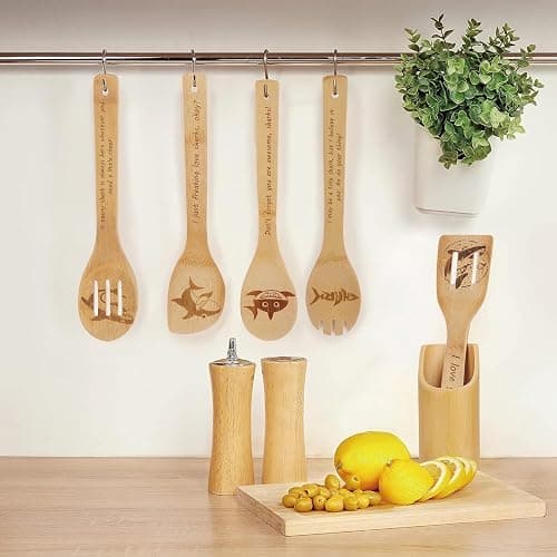 5PCS Shark Wooden Cooking Spoons Kitchen Decor Shark Gifts for Women Men Shark Lovers Birthday Gifts Party Favors Housewarming Wedding Bamboo Cooking Spoons for Everyday Use thumbnail 6