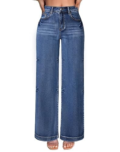 roswear Women's Wide Leg Jeans High Waisted Stretchy Denim Trouser Pants - Image 1