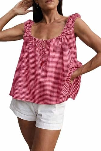Dapoola Women Summer Tie Front Babydoll Square Neck Shirt Pleated Tank Top | Sleeveless Gingham Plaid Tank, Checkered Flowy Lightweight Blouse, A-line Loose Fit Daily Cami, Y2K Peplum Ruffled Top Tee thumbnail 5