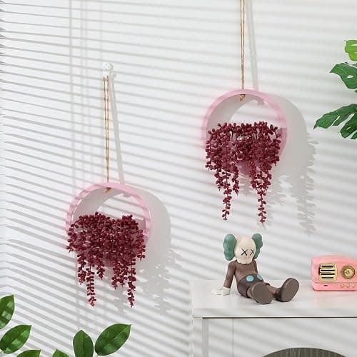 Floweroyal 2pcs Artificial Succulents Hanging Plants 12.2'' Fake String of Pearls in Pot with 8.3'' Lanyard for Indoor Outdoor Wall Decor (Pink). thumbnail 6