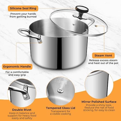 Tri-Ply Stainless Steel Stock Pot, 6.5 Quart Heavy Duty Induction Cooking Pot with Visible Lid for Pasta, Soup, Spaghetti, Sturdy & Double Handle, Dishwasher Safe thumbnail 4
