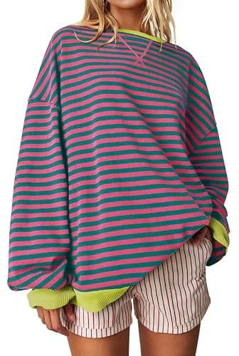 UEU Women Oversized Striped Crewneck Sweatshirt Long Sleeve Color Block Pullover Tops Casual Loose Workout Shirt - Image 1