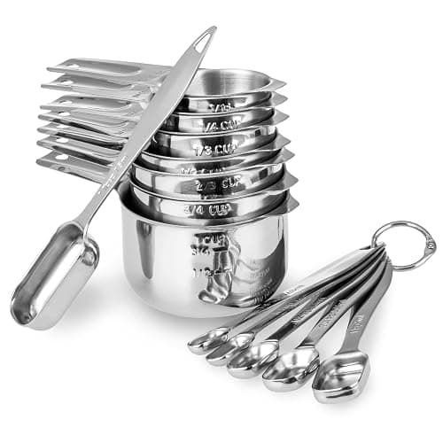 13-piece Measuring Cups and Spoons Set, 18/8 Stainless Steel Heavy Duty Ergonomic Handle with Ring Connector, Silver - Image 1