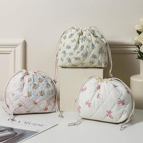 Cotton Quilted Drawstring Makeup Bag with Canvas Lining,Coquette Aesthetic Cute Travel Toiletry Bag,Drawstring Gift Bag for Women and Girls（11Blue Flower） thumbnail 2