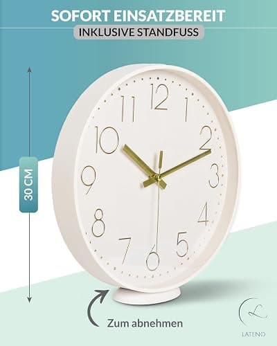 LATENO - Wanduhr Beige - Zum Aufstellen Oder Aufhängen - 30 cm - Lautlos - Klassisch Und Modern - Ohne Tickgeräusche - Für Wohnzimmer Büro UVM. thumbnail 2