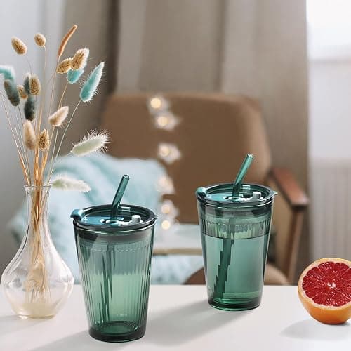 Joeyan Glass Tumbler with Straw and Lid,Green Glasses Water Cup with Straw,Colored Glass Drinking Jars for Juice Beverages Iced Coffee Tea Smoothie Soda Milk,15 oz,Set of 2,Dishwasher Safe thumbnail 8