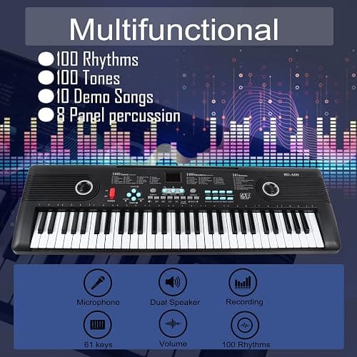 61 keys piano keyboard, Electronic Digital Piano with Built-In Speaker Microphone, Portable Keyboard Gift Teaching for Beginners, electric piano for kids, Birthday Gift for Children - Black thumbnail 3
