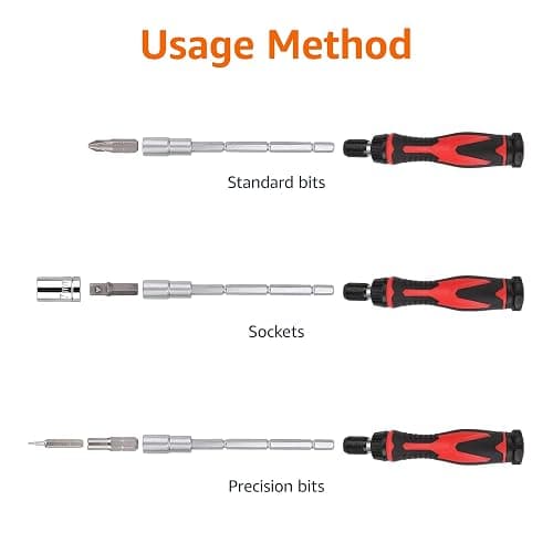 Amazon Basics Magnetic Ratcheting Wrench and Electronics Precision Screwdriver Tool Set, 73-Piece, with Carry Case for Household Repair, Small Jobs, Eyeglasses, Black/Red/Silver thumbnail 4