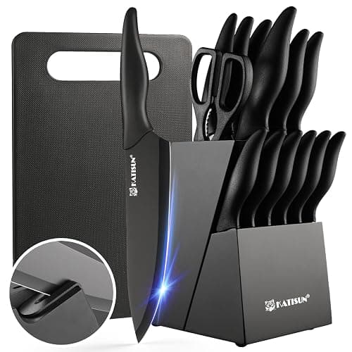 KATISUN 16 Pieces Kitchen Knife Block Set with Cutting Board, German Stainless Steel Knife Set with Sharpener, Dishwasher Safe, Anti-Slip Handle, 6 Steak Knives, Black - Image 1