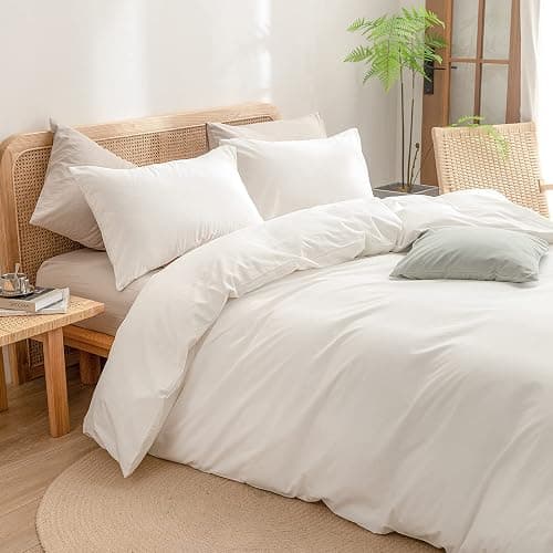 BESTOUCH Duvet Cover Set 100% Washed Cotton Linen Feel Super Soft Comfortable Chic Lightweight 3 PCs Home Bedding Set Solid Off White Queen thumbnail 2
