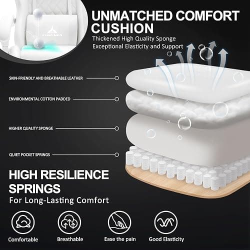 TUKAKA White Gaming Chair,Ergonomic Massage Computer Office Desk Chair with Footrest,Pocket Spring Cushion,Reclining Leather Adjustable Gamer Chair with Headrest and Lumbar Support,White thumbnail 4