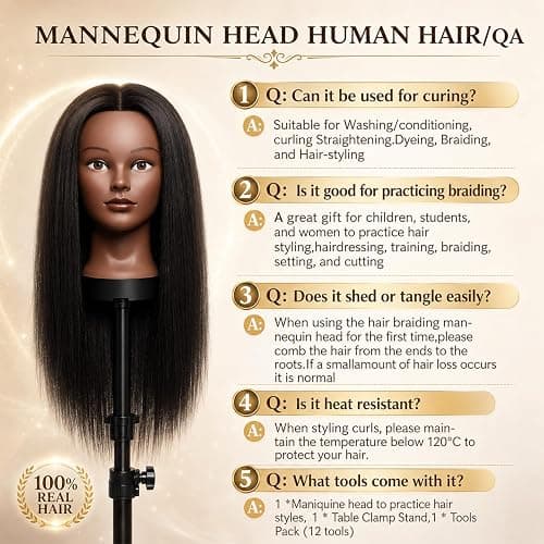 Mannequin Head Human Hair 16 Inch, 100% Real Human Hair Cosmetology Mannequin Head with Clamp Stand, Professional Hair Manikin Doll Head for Braiding, Styling & Hairdresser Training (Black-16inch) thumbnail 8