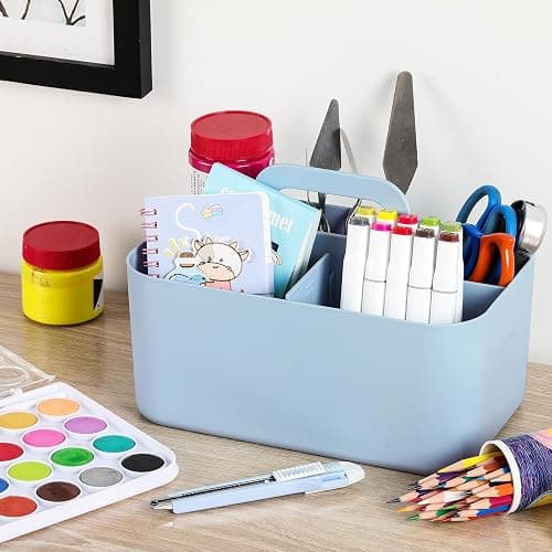 Multiuse Caddy Organizer with Handle, Portable Divided Plastic Tote Bin - Art Craft, Stationary Pen Marker Crayons, Makeup Hair Supplies Storage - Bathroom, Classroom, Dorm, Office, Desk Holder - Blue thumbnail 2