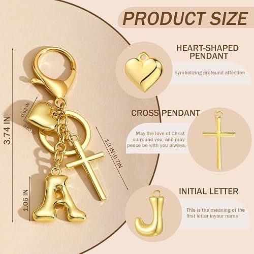 Initial Bag Charms Keychains Women, Cross Cute Heart Letter Key Chain Purse Backpack Handbags Keychain Christian Easter Gift thumbnail 7