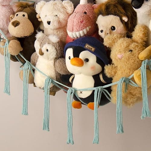 Stuffed Animal Hammock-Large Stuffed Animal Net For Toys Corner-Hanging Stuff Animal Toy Storage Organizer For Plush Plushie Display Light Blue Girl Room Bedroom Boho Nursery Decor Toy Storage thumbnail 4