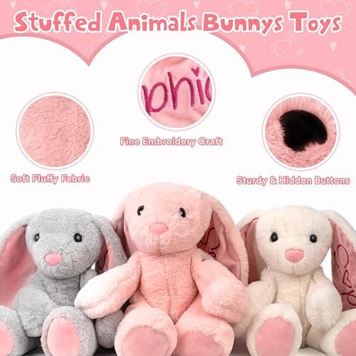 Personalized Bunny Plush Stuffed Animal with Embroideried Name Custom Toddler Stuffed Rabbit Doll Kids Bunny Plush Toys Personalized Baby Girls Boys Newborn Gifts for First Birthday Easter thumbnail 6
