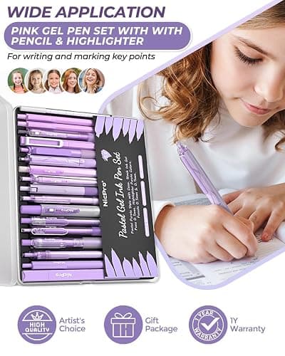 Nicpro 22PCS Pastel Gel Ink Pen Set, Cute Retractable Aesthetic Pen and Pencil, 13 Black Ink Pens with 2 Highlighter, 2 Mechanical Pencil 0.5 0.7mm, Smooth Writing Pens for School, Office(Purple) thumbnail 6
