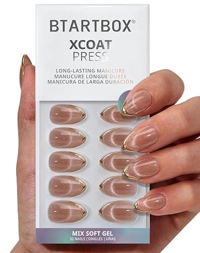 BTArtbox Press On Nails Short - Gold Drops, Lamp-Curable Gold French Tip Cat Eye Almond Press On Nails with Glue and Adhesive Tabs for Women in 16 Sizes - 32 Soft Gel Glue On Nails Kit - Image 1