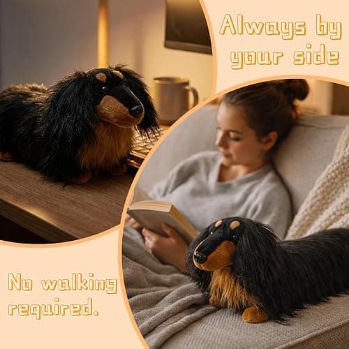 Dachshund Stuffed Dog Animal Plush Toy 17" Standing Black Tan Wiener Realistic Long Haired with Fluffy Curly Fur Lifelike Sausage Doxie Puppy Gifts for Kids Decor Dog Lover Non-Vacuumed Gift Ready thumbnail 5