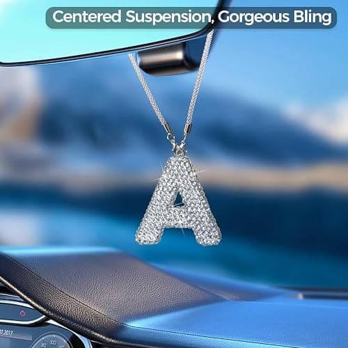 Hitluste Bling Car Letter Charm, Rear View Mirror Ornament Cute Hanging Crystal Pendant Bling Car Accessories, Lucky Diamond Rhinestone Women Charm Auto Decoration (White A) thumbnail 4