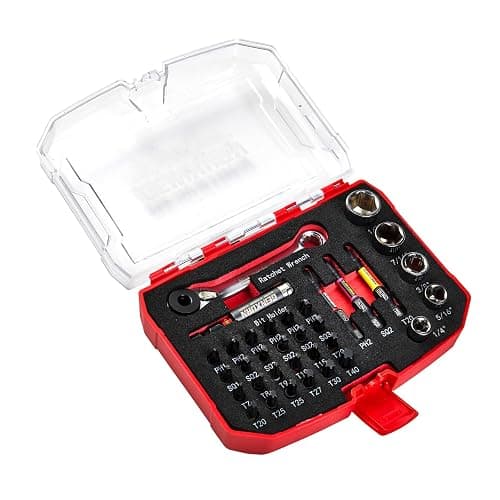 Geinxurn 34 Pieces Tool Kit with Matching Storage Box, Include 1”/2” S2 Steel Magnetic Screwdriver Bits (Phillips/Square/Torx), Socket, Bit Holder and Mini Ratchet Wrech for Home Repairs - Image 1