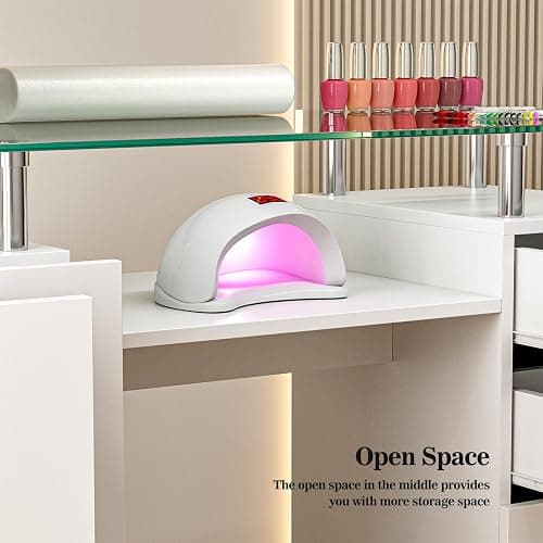 Paddie Manicure Table Nail Desk for Technician, Acetone Resistant Nail Tech Table Nail Table Station w/Glass Desktop, Wrist Cushion, 3-Tiers Shelves, Lockable Wheels & Cabinet (White) thumbnail 7