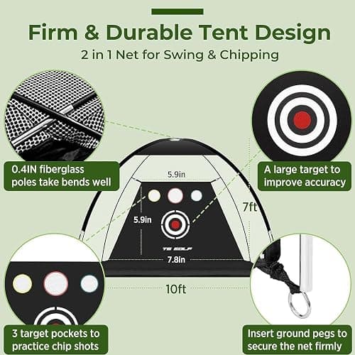 TS GOLF - Golf Practice Net - Indoor & outdoor 10x7ft - XL Tri-Turf Golf driving net and Mat, 5 Balls, 3 Rubber Tees, Carry Bag, Chipping net, golf nets for backyard driving thumbnail 2