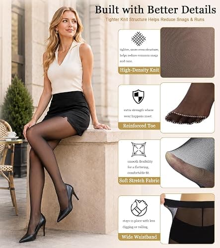 Jamieya 2 Pairs Black Sheer Tights for Women, 20D Pantyhose Stockings | 20D Sheer Black Stockings, Control Top, Reinforced Toe, Matte Finish, Soft Stretch for Under Dress thumbnail 4