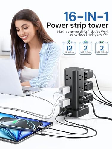 Tower Power Strip with Surge Protector - 12 AC Outlets & 4 USB Ports (2 USB-C), 6FT Extension Cord, Charging Station Tower for Home Office Dorm Travel (Black) thumbnail 2