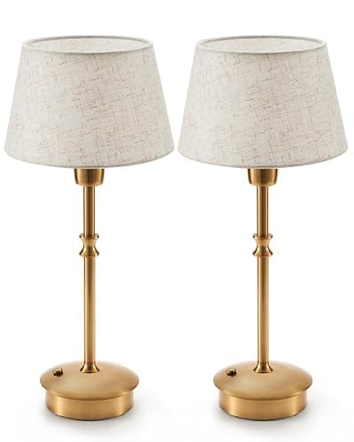 UMEXUS 2 Pack Small Cordless Rechargeable Table Lamp, Battery Operated Lamp | 3 Level Brightness Dimmable, Portable Accent Light for End Table Restaurant Dining Outdoor, Beige Fabric Shade, Antique Brass - Image 1