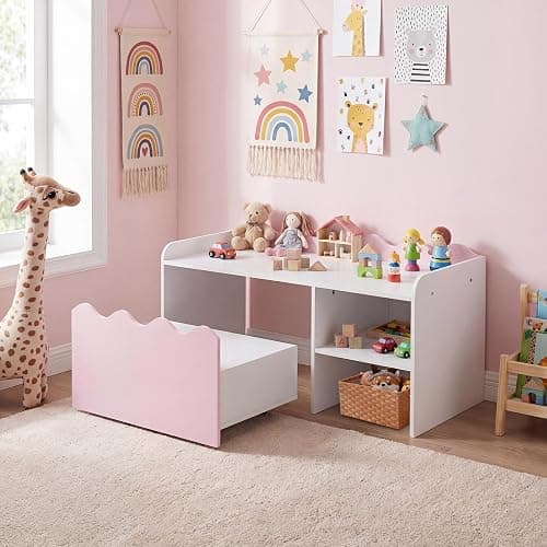 COSTWAY Kids Bookcase, Toy Organizer with Movable Drawer (Pink+White) | Flip-up Top, 4 Universal Wheels & Anti-toppling Kit, Wooden Children Bookshelf for Playroom, Daycare, Nursery thumbnail 2