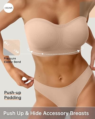 OEAK Womens Push Up Strapless Bras Wireless Bandeau Plus Size Seamless Bra | Supportive,for large breast,Minimizer,non slip,comfortable,padded bralette,invisible,no show,tube bra thumbnail 4
