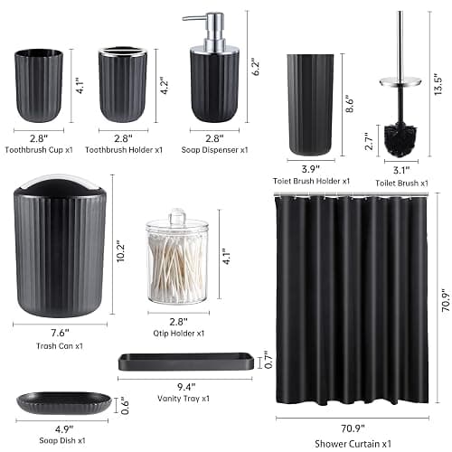 Black Bathroom Accessories Set, 10Pcs Bathroom Accessory Sets Complete with Trash Can, Shower Curtain, Vanity Tray, Soap Dispenser, Soap Dish, Toothbrush Holder&Cup, Toilet Brush&Holder, Qtip Holder thumbnail 2
