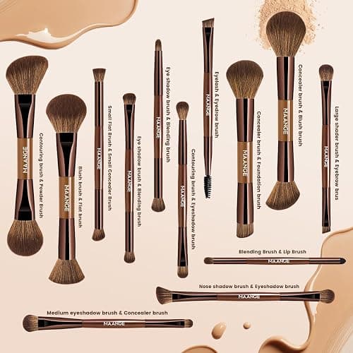 MAANGE 13 Pcs Foundation Makeup Brush Set With Bag, Make up Brushes, Double-End Multi Functional Makeup Brushes, Professional Face Brush Set Tools For Liquid Powder Concealer Cream Blush (Brown) thumbnail 3