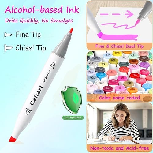 Caliart 121 Colors Alcohol Markers Dual Tip Art Marker Set Chisel & Fine | Permanent Colored Pens with Case for Beginners Artists Adults Coloring Book Sketch Illustration Painting School Supplies Gift thumbnail 2