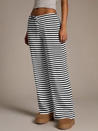 Luckydora Women's Flared Knit Pants High Waisted Wide Leg Striped Lounge Bottoms Soft Stretchy thumbnail 4