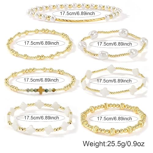 Dainty Cross Clover Gold Beaded Pearl Bracelet Stack for Women,Handmade Boho Gold Plated Beads Stretch Stackable Bracelets Fashion Birthday Prom Jewelry Accessories Gift Friendship thumbnail 7