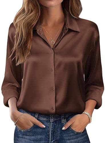 Zeagoo Womens Tops Long Sleeve Satin Silk Button Down Shirts Casual Business Dressy Blouses Fall Clothes - Image 1