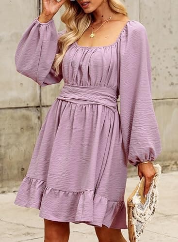 Dokotoo Womens Dress Long Lantern Sleeve Square Neck Tie Backless Sexy Dress Ruffle Elastic Waist A-Line Mini Dress thumbnail 3