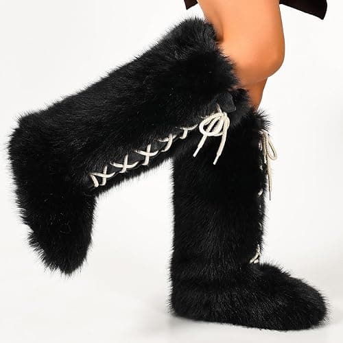 Women's Knee-High Faux Fur Boots, Fluffy Lace-Up Boots, Flat Shoes, Black | Warm Flat Heel Winter Plush Fuzzy Curly Y2k Round Toe Suede Comfy Lace Up thumbnail 4