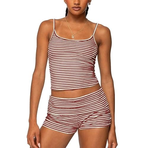2pcs Women's Striped Outfits Sexy Sleeveless U-neck Backless Crop Tank Top Matching Fold Over Shorts Pajamas Set - Image 1