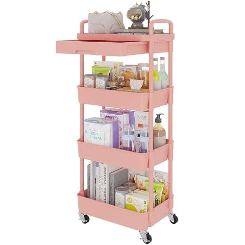 Calmootey 4-Tier Rolling Utility Cart with Drawer,Multifunctional Storage Organizer with Plastic Shelf & Metal Wheel,Storage Cart for Kitchen,Bathroom,Living Room,Office,Pink - Image 1