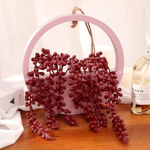 Floweroyal 2pcs Artificial Succulents Hanging Plants 12.2'' Fake String of Pearls in Pot with 8.3'' Lanyard for Indoor Outdoor Wall Decor (Pink). thumbnail 5