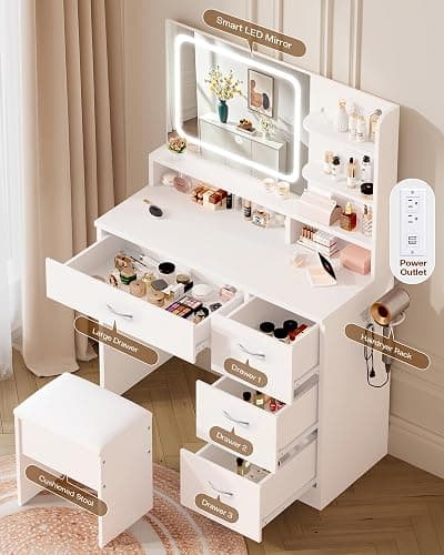 LIVELYGLOW White Makeup Vanity Desk with Charging Station & 4 Drawers | Smart LED Mirror, Cushioned-Stool, Hairdryer Rack thumbnail 5