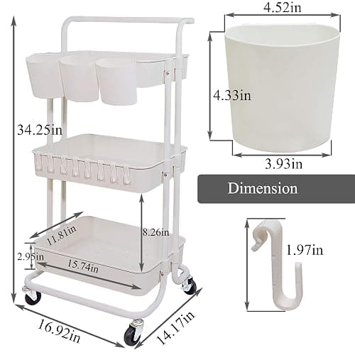 Lontenrea 3-Tier Rolling Cart Utility Storage Shelves Cart with 3 PCS Hanging Cup and 8 PCS Hook (White) thumbnail 2