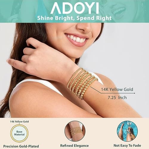 adoyi Gold Bracelets for Women Waterproof, 14K Gold Plated Beaded Strand Bead Ball Bracelets stack Adjustable Jewelry Set for Gifts thumbnail 4
