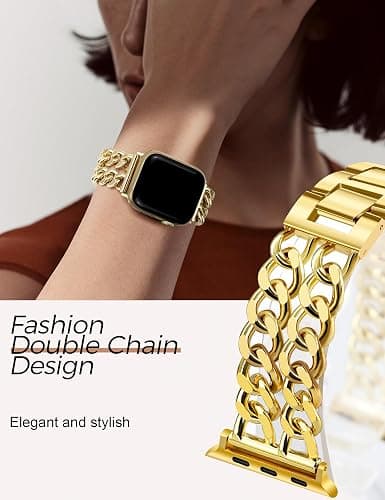 JR.DM Gold Watch Bands for Women Compatible with Apple Watch 38mm 40mm 41mm 42mm (S10/11) Adjustable Metal Band Cowboy Steel Chain Bracelet for iWatch Series1/2/3/4/5/6/7/8/9/10/11 SE 3/2/1 (No Case) thumbnail 3