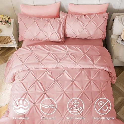 JOLLYVOGUE Pink Queen Comforter Set 7 Pieces, Pintuck Bed in a Bag Comforter Sets for All Season?Pinch Pleat Bedding Sets with Comforter, Flat Sheet, Fitted Sheet, Pillowcases & PillowShams - Pink - Queen(88"x 88") thumbnail 2