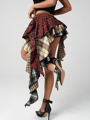 Verdusa Plaid Skirts for Women Ruffle Asymmetrical Layered Hem Y2k Skirt with Shorts Underneath thumbnail 2